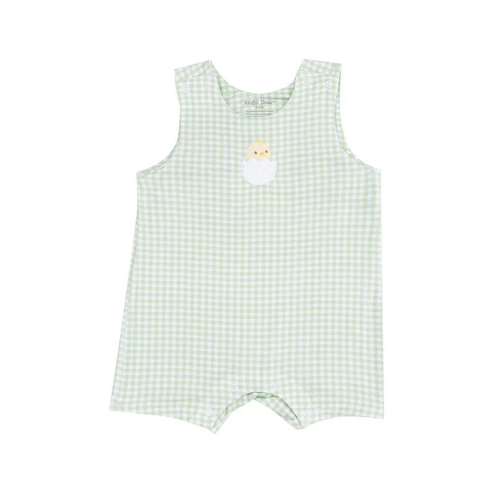 Sleeveless Shortie Romper with Baby Chick Applique | Mini Gingham Green