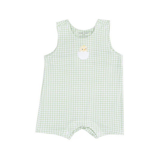 Sleeveless Shortie Romper with Baby Chick Applique | Mini Gingham Green