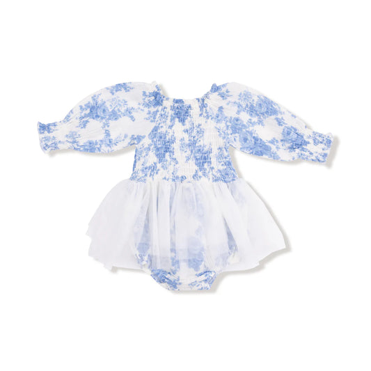 Long Sleeve Smocked Bubble w/Tutu | Dream Cottage Floral Blue