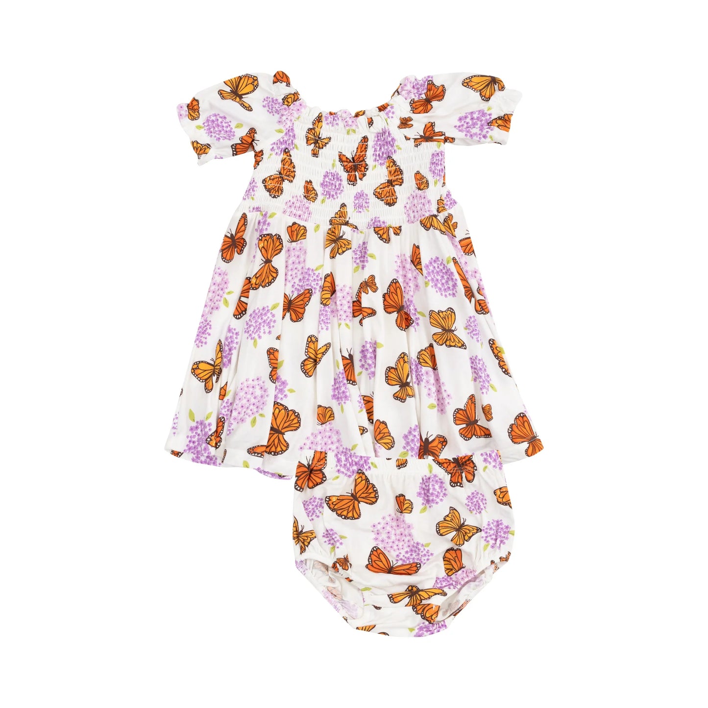 Puff Sleeve Smocked Dress - Monarch Butterflies and Milkweed