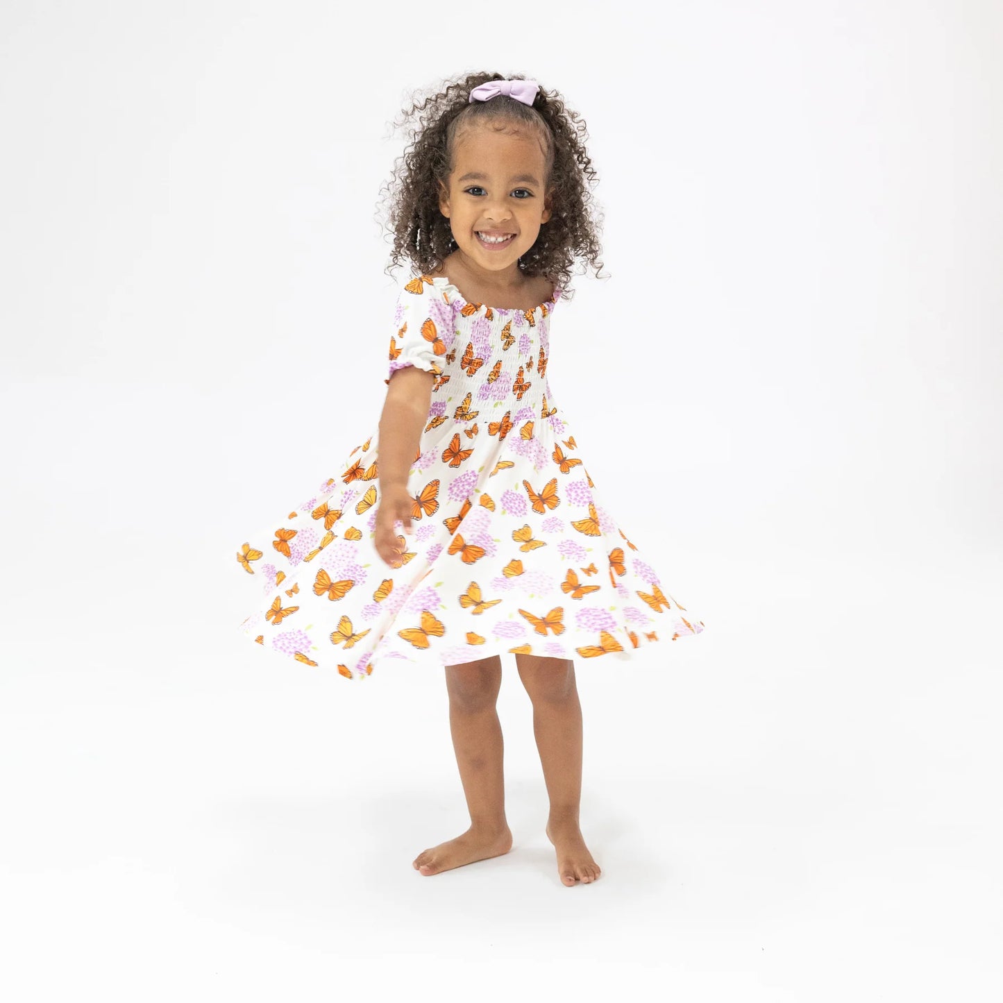 Puff Sleeve Smocked Dress - Monarch Butterflies and Milkweed