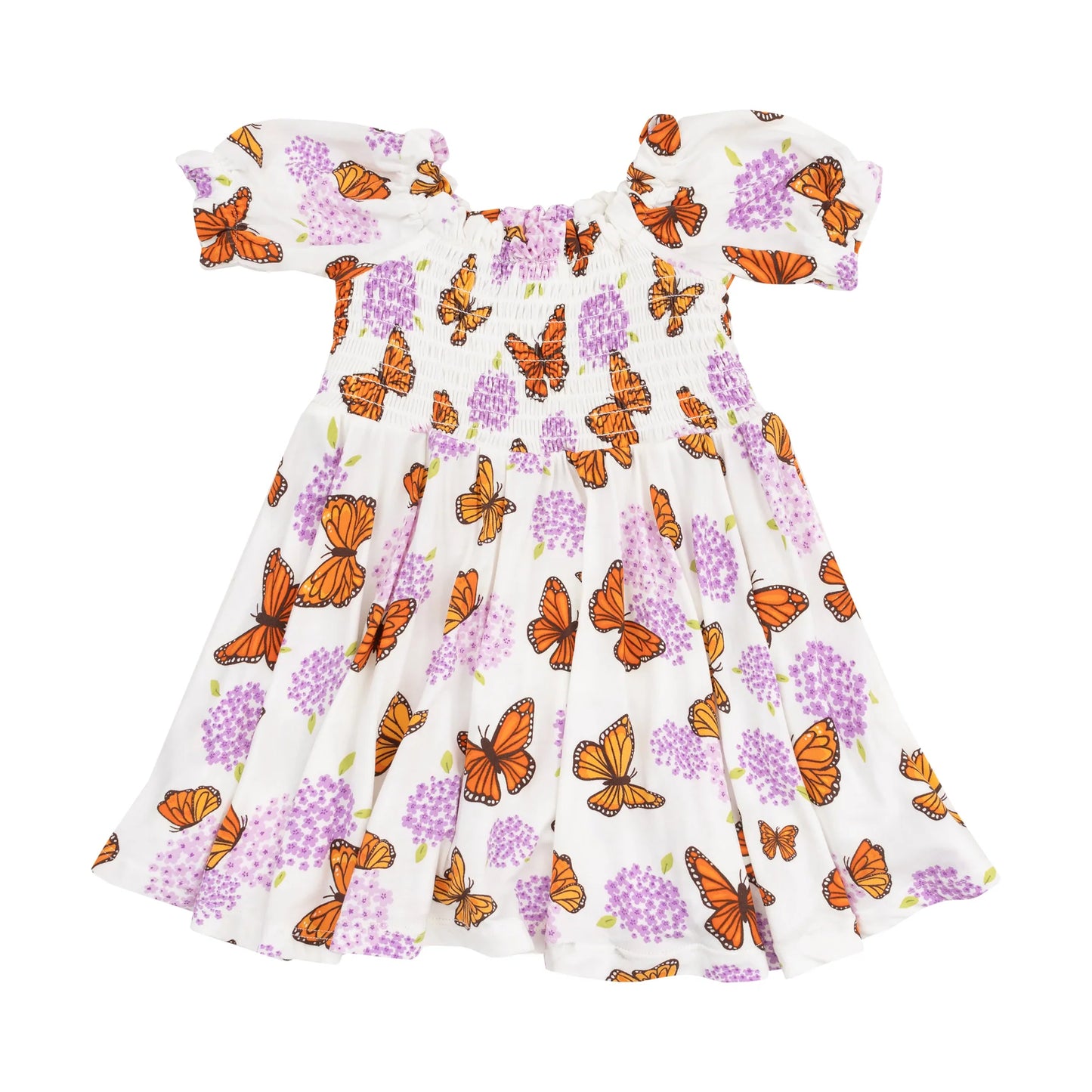 Puff Sleeve Smocked Dress - Monarch Butterflies and Milkweed