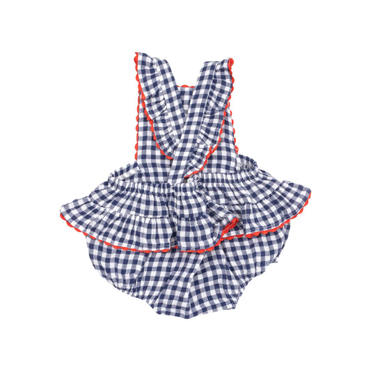 Ric-Rac Ruffle Sunsuit | Navy Gingham