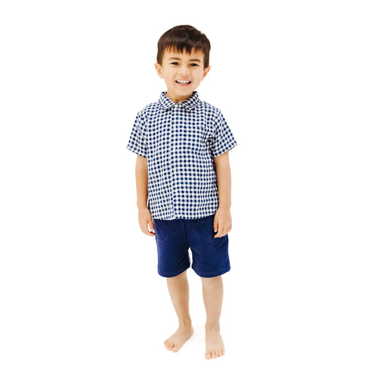 Button Down Muslin Polo with French Terry Short | Navy Gingham