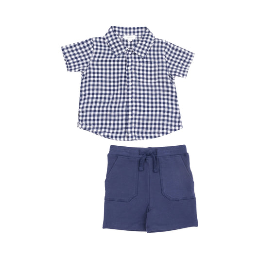 Button Down Muslin Polo with French Terry Short | Navy Gingham
