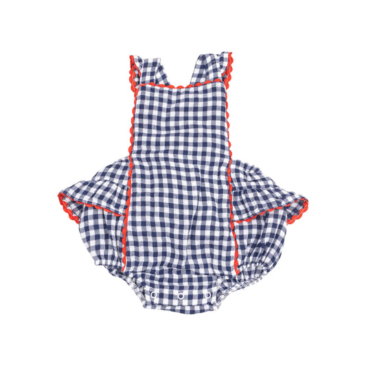 Ric-Rac Ruffle Sunsuit | Navy Gingham