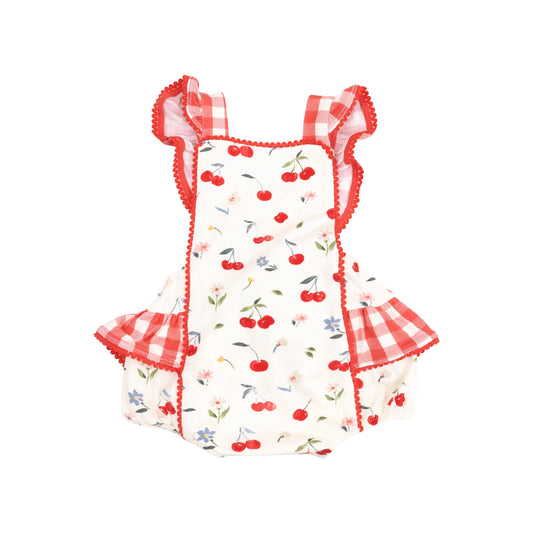 Ric-Rac Ruffle Sunsuit | Watercolor Cherries