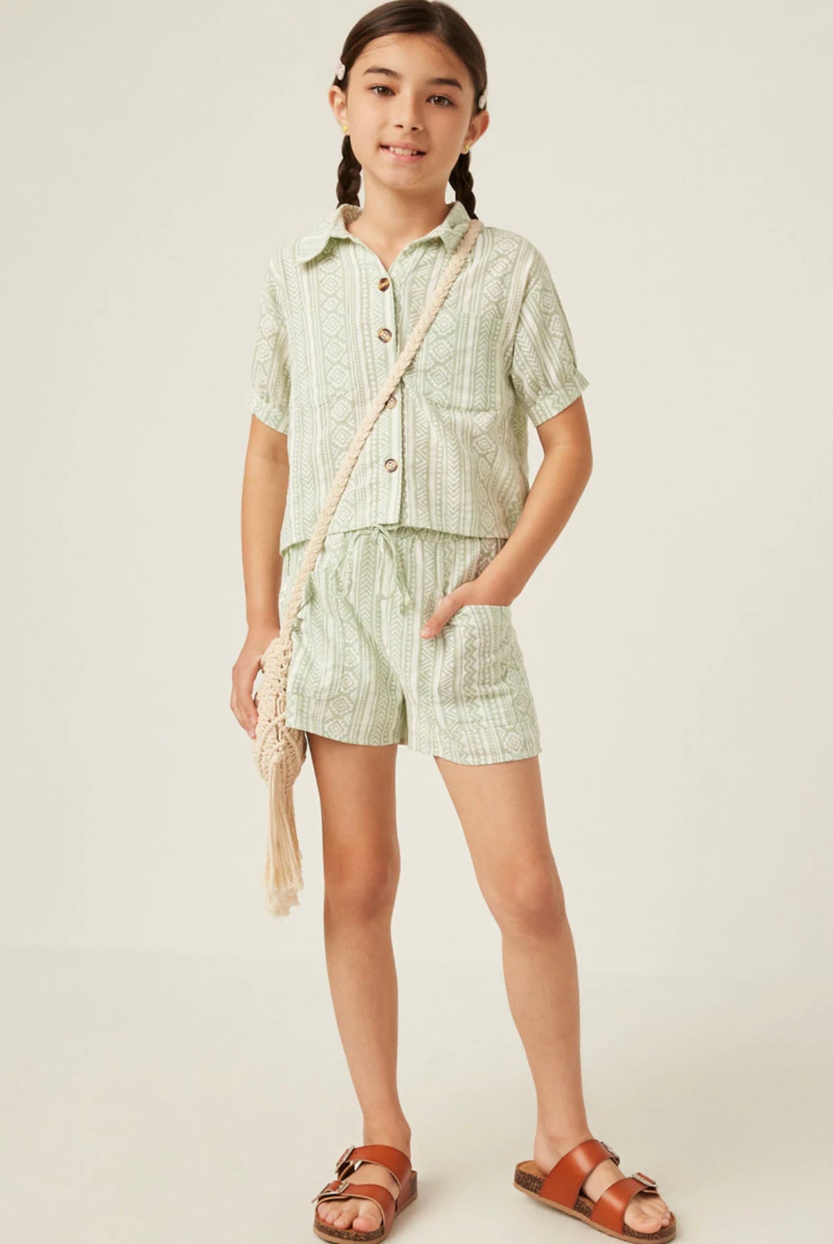 Girls Geometric Print Pocketed Short Sleeve Button Up Shirt
