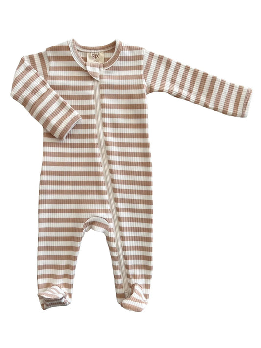 Tan Stripe | Organic Ribbed Zip Footie