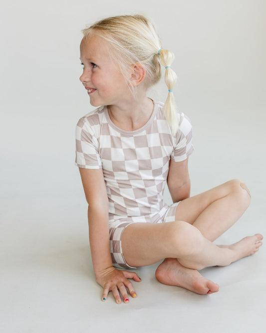 Bamboo Two Piece Shorts Set | Latte Checkered