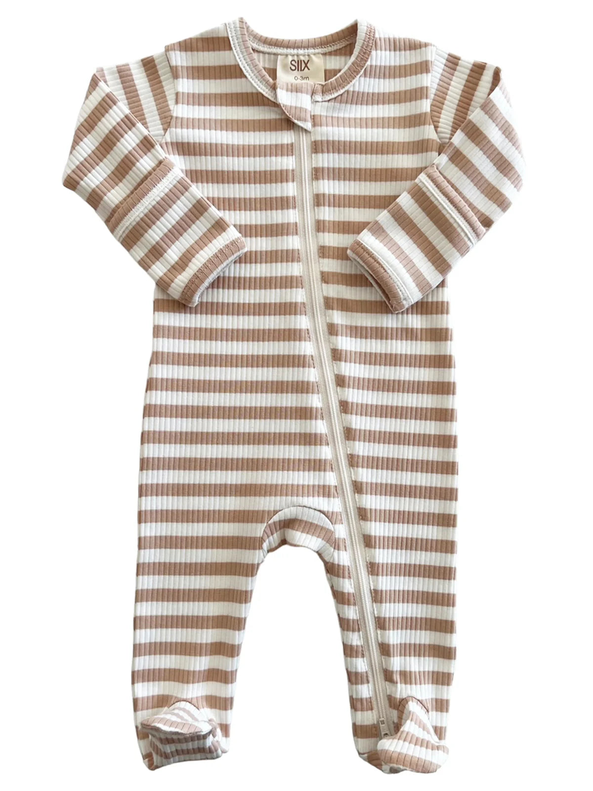 Tan Stripe | Organic Ribbed Zip Footie