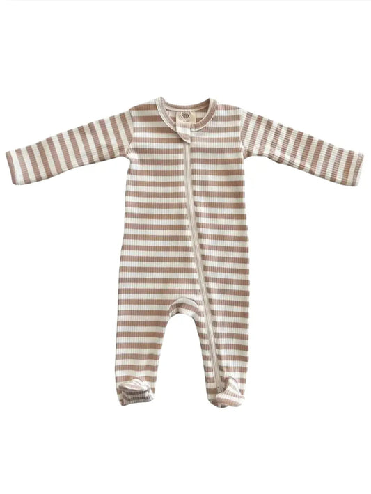 Tan Stripe | Organic Ribbed Zip Footie