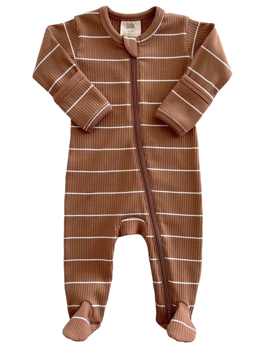 Saddle Stripe | Organic Ribbed Zip Footie
