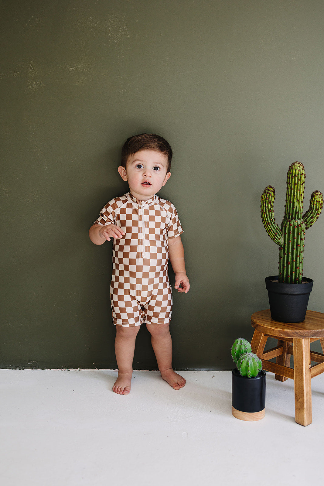 Rust Checkered Zipper Swim Suit