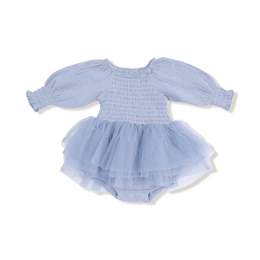 Long Sleeve Smocked Bubble w/Tutu | Chambray