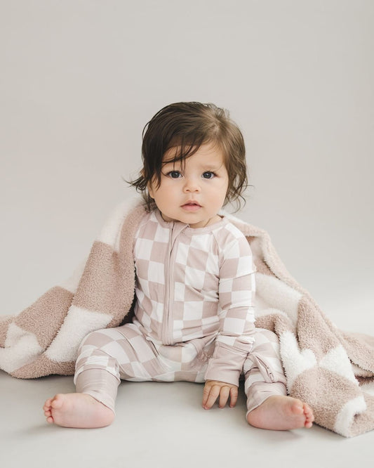 Bamboo Zip Romper | Beige Checkered