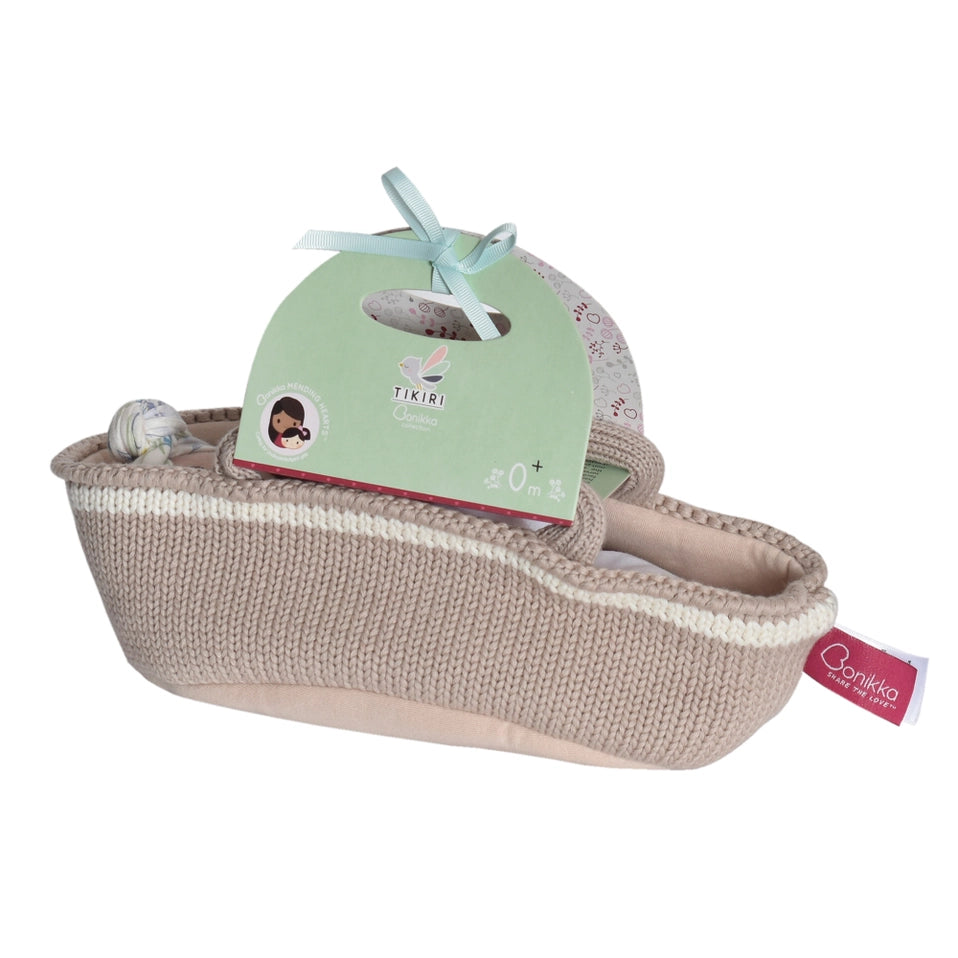 Knitted Carry Cot W/Rheya Baby Dark Skin, Soother & Blanket