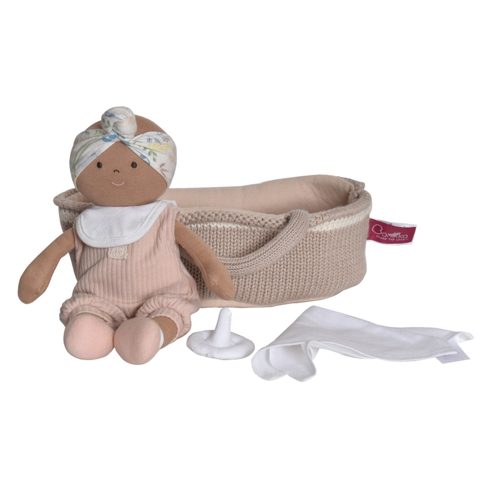 Knitted Carry Cot W/Rheya Baby Dark Skin, Soother & Blanket