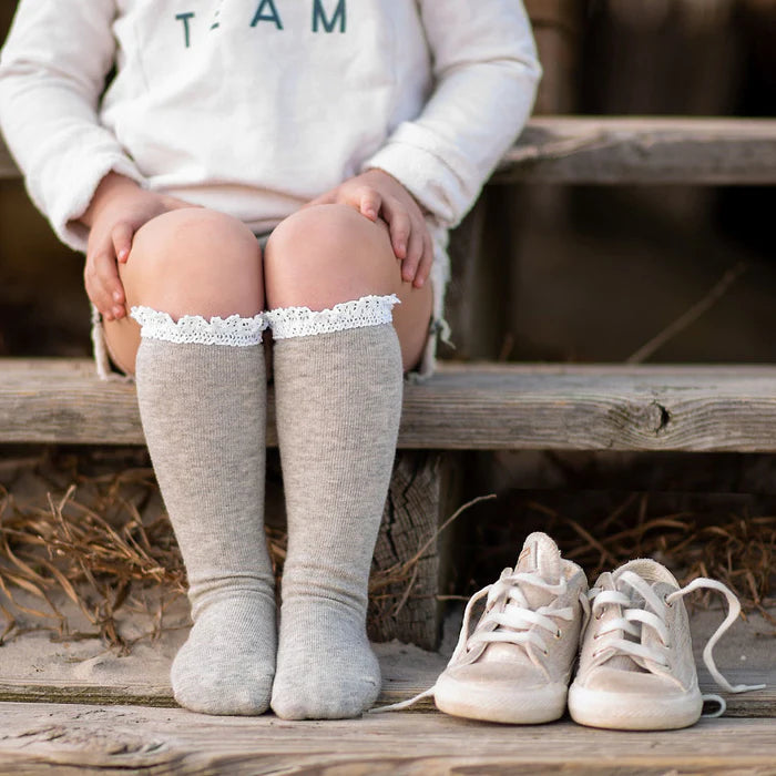 Gray Lace Top Knee High Socks