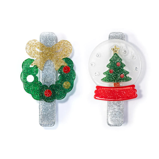 Christmas Wreath & Snow Globe Alligator Clips