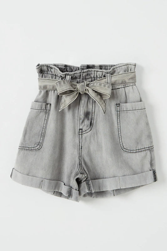 Girls Waist Tie Washed Cargo Pocket Denim