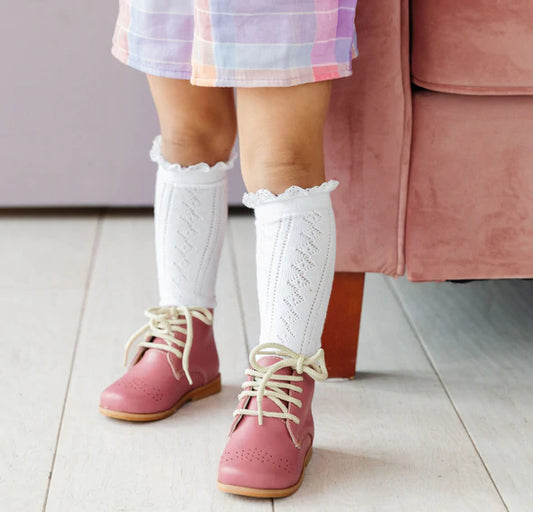 White Fancy Lace Top Knee High Socks